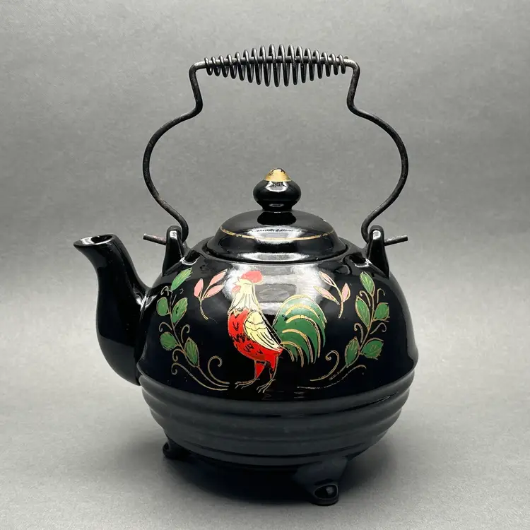 Vintage Japanese Black Glazed Redware Pottery Teapot With Hand Painted Rooster and Florals