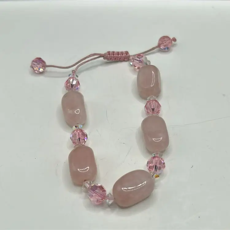 Pink rose, quartz, and crystal adjustable bracelet And Pink Quartz Choker