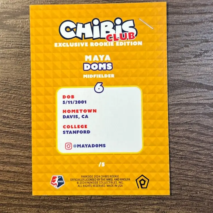 Maya Doms Gold /5 Rookie Card  Parkside 2024 Chibis Club NWSL Bay FC RC Soccer Card