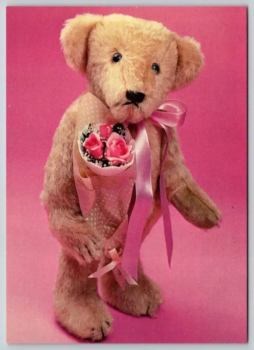 Postcard Valentines Day Silly Basil Teddy Bear Pink Bouquet Bearly There Company - 5682