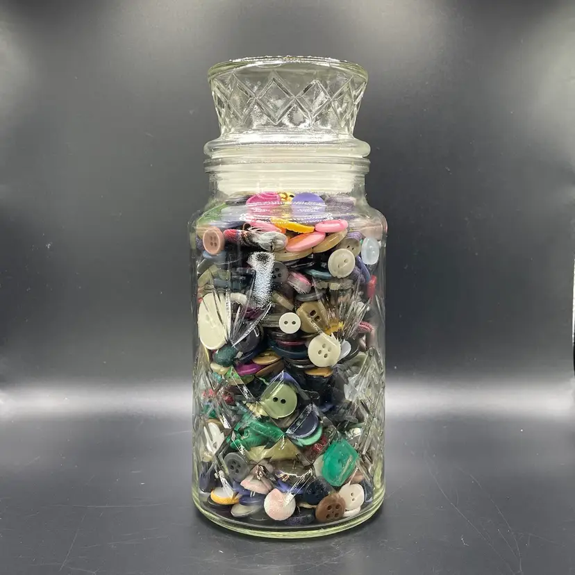 Planters Peanuts Cut Glass Jar of Vintage Buttons Craft Sewing Supplies