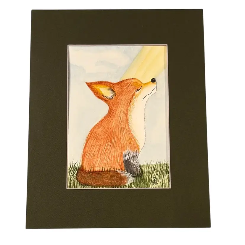 Original Watercolor Fox Sunbathing 5 X 7” In Green 8 X 10” Matte