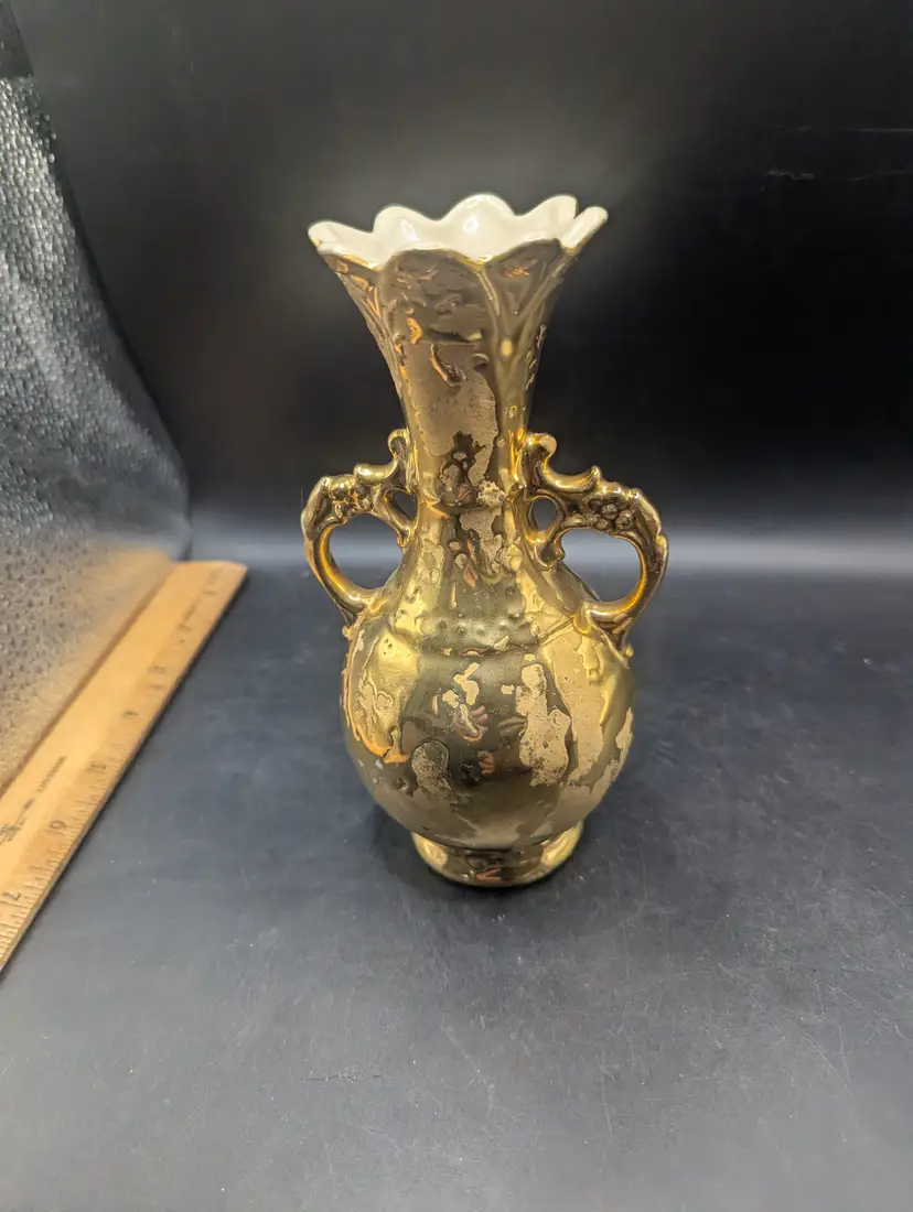 Weeping Gold Vase 24K  Bud Vase 1940's Hand Decorated With 2 Handles VTG