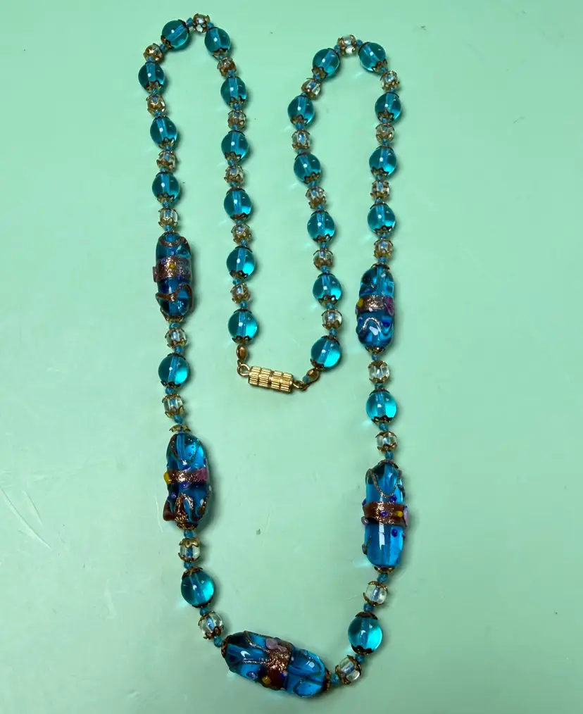 Vintage 25" Turquoise Blue Venetian Murano Art Glass Bead Necklace Wedding Cake