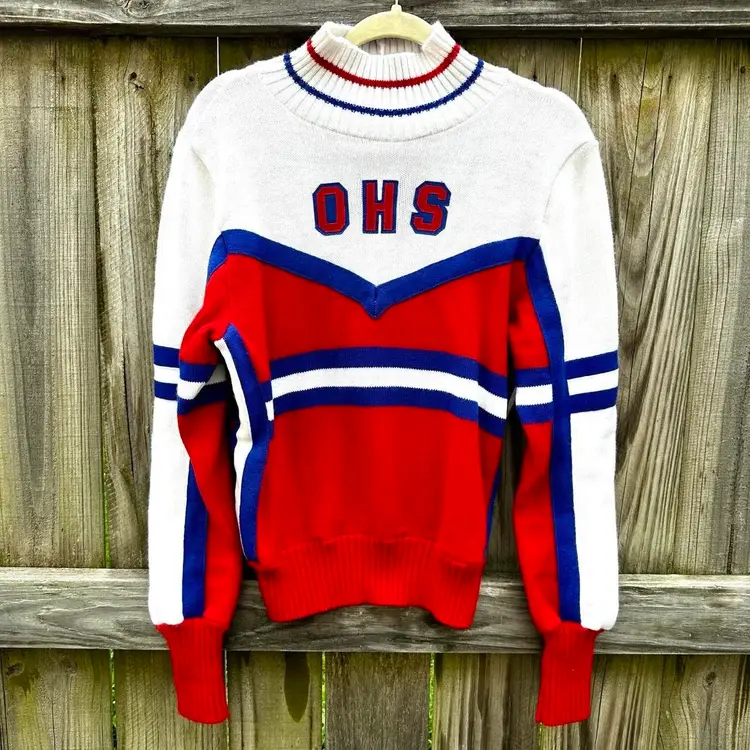 VTG 70s Varsity Cheerleading Knit Mock Neck OHS Red White Blue Sweater Sz 36 MD