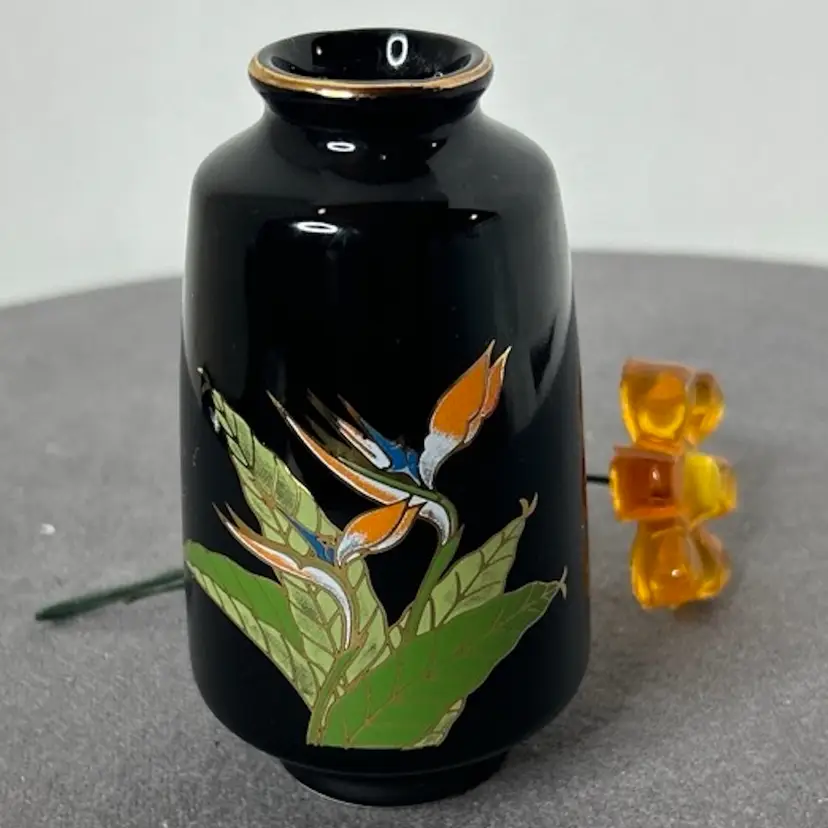 Vintage Black Otagiri Bird of Paradise 4” Bud Vase ~Japan