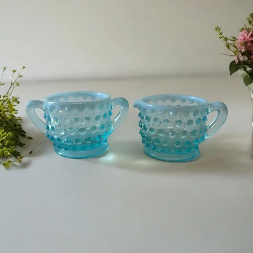 Fenton Sugar Bowl and Creamer. Blue Opalescent Hobnail c1930s - 1950s Excellent Condition. Open Sugar