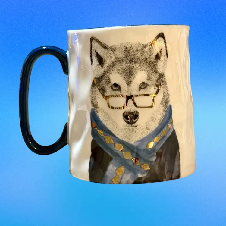 Signature Housewares Hipster Husky Wolf Animal with Glasses Scarf 14oz Coffee Mug