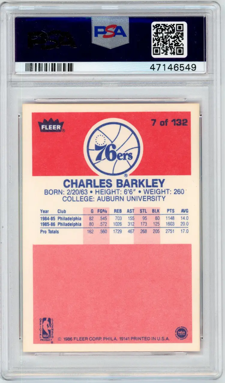 1986 Fleer CHARLES BARKLEY #7 RC Rookie 76ERS PSA 7 NM