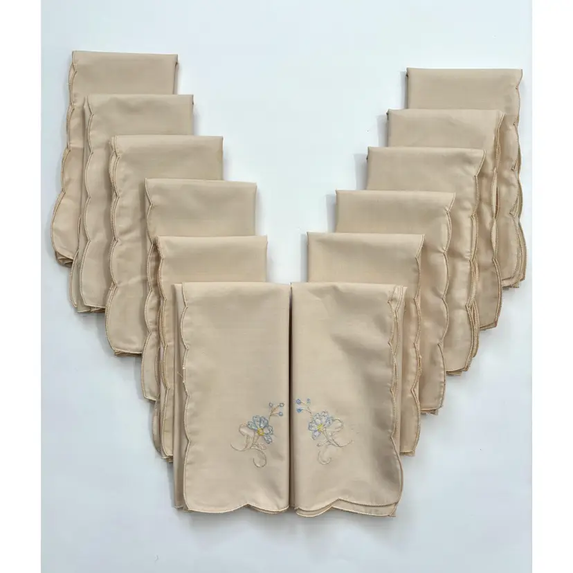12 Embroidered Floral Dinner Napkins Beige Cottage Core Vintage