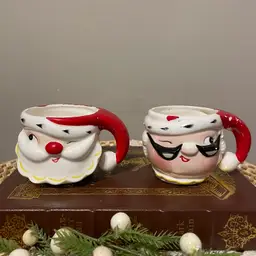Vintage Lego 1959 Kitsch Winking Santa and Winking Mrs. Claus Mug Set of Two