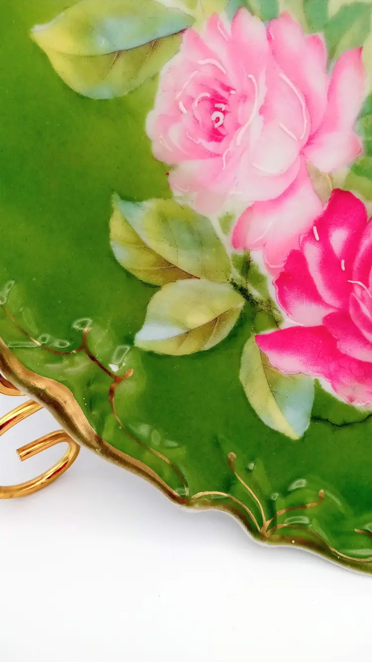 Vintage Wheelock Hand-Painted Platter Roses Gold Gilt, Scalloped, Handles