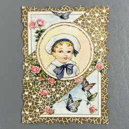 Antique Whitney Valentine Card Sailor Boy Butterflies Roses Embossed Scalloped 4.5"