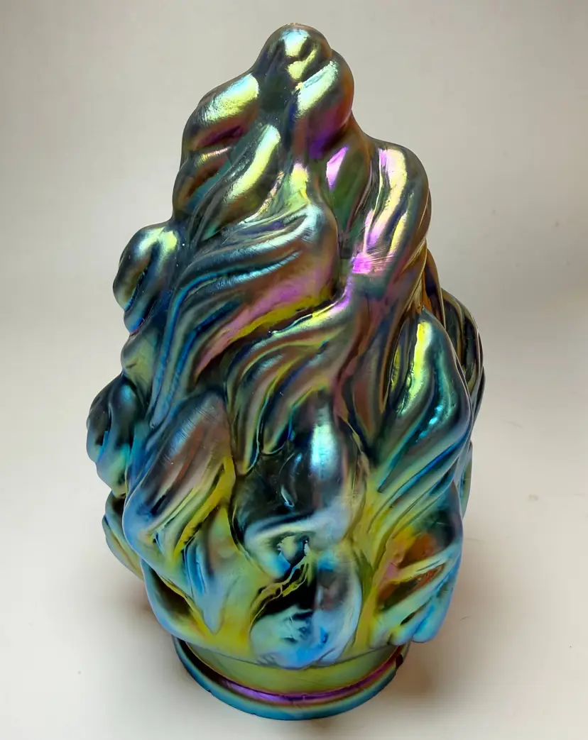 Vintage Peacock Blue Iridescent Art Glass Flame Pendant Lamp Shade Aurene USA