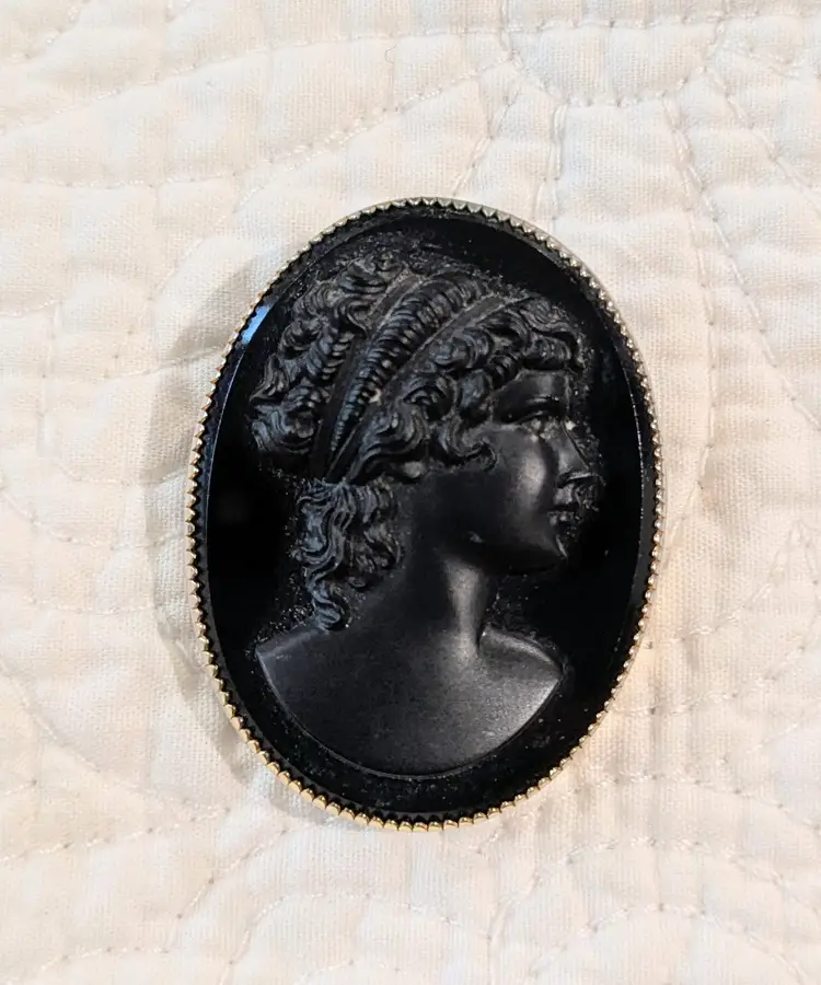 Vintage Victorian Revival of Black Jet Portrait Cameo Brooch in a Silver Tone Setting