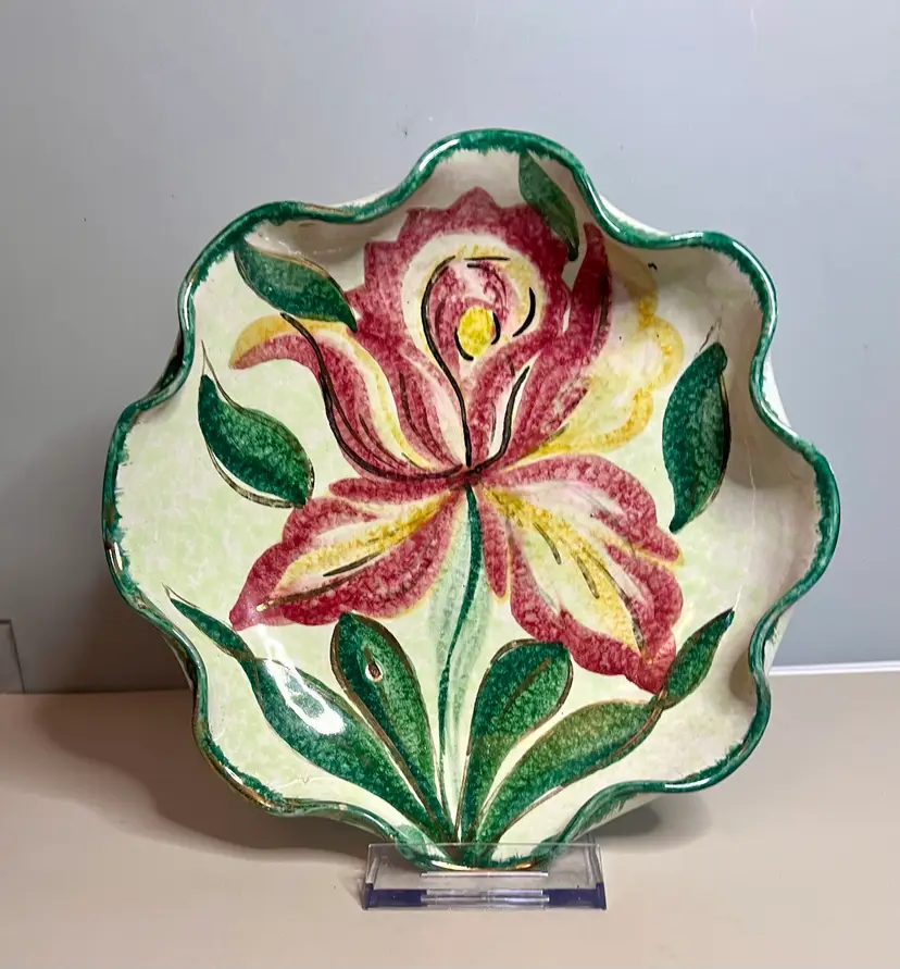 Vintage Elbee Italian Fluted Edge Iris Bowl Green Maroon