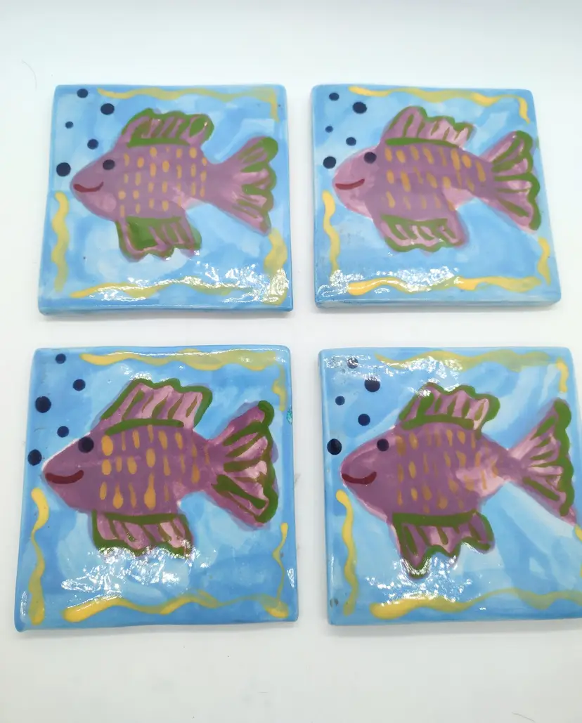 Handmade Pottery Tile Fish Coasters Set of 4 Handpainted Felt Bottom Coastal