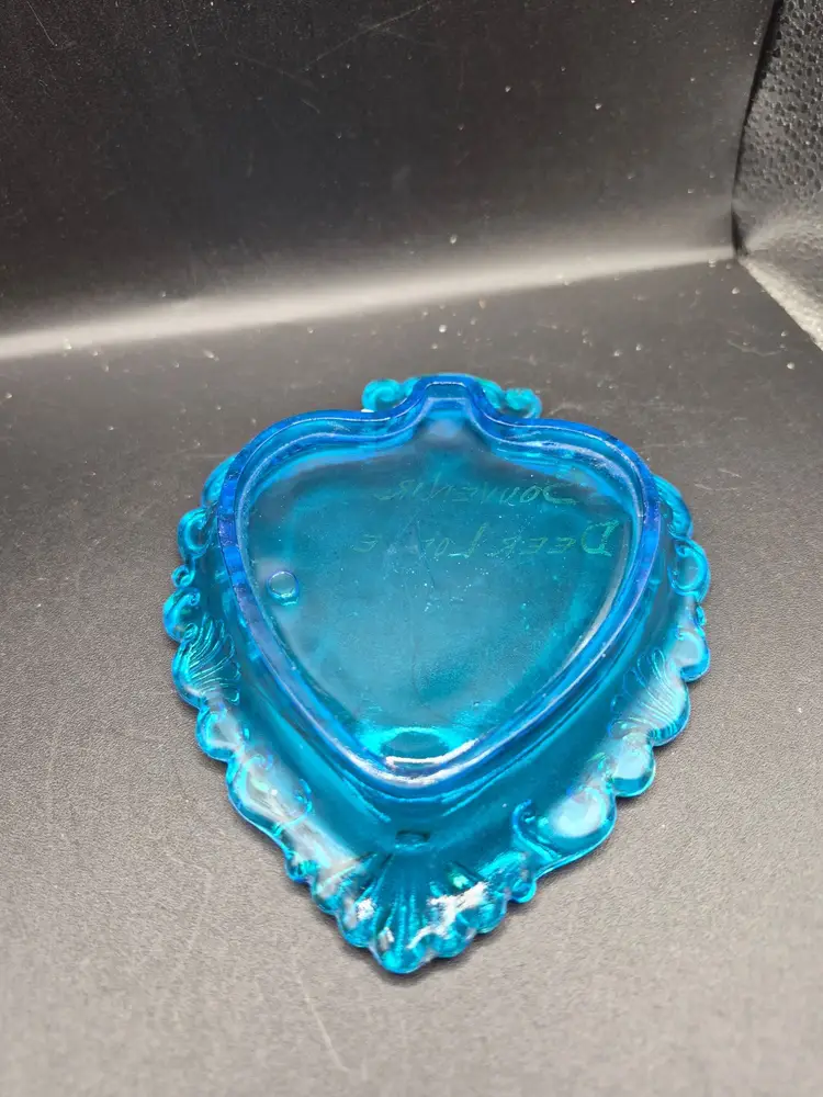 Vintage Blue Glass Heart-Shaped Souvenir Trinket Dish Gold Accents "Deer Lodge"