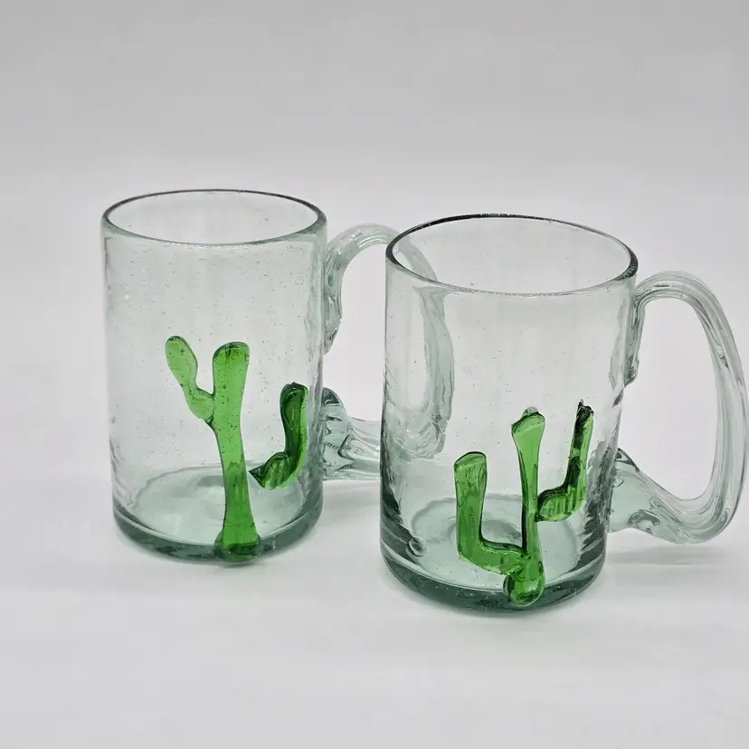 Set of 2 Large Hand Blown Beer Mugs Saguaro Cactus