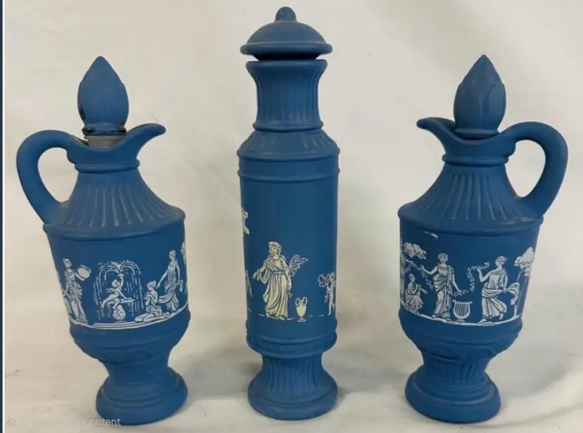 3 Vintage 1970s Blue and White Avon Bottles Grecian Theme