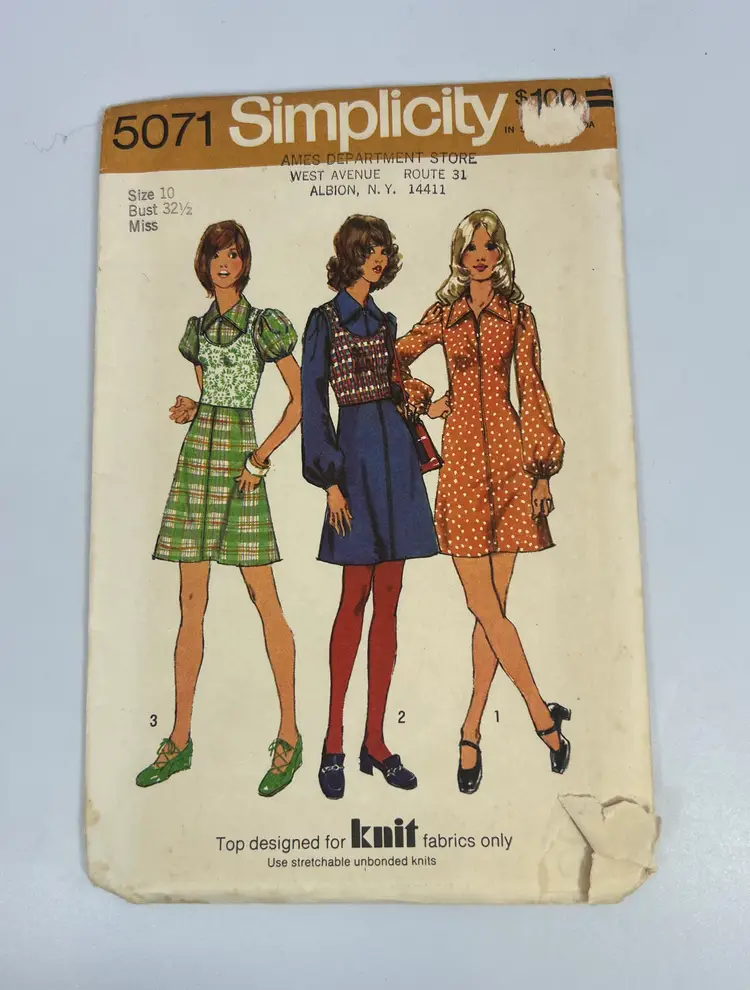 Vintage Simplicity Pattern #5071 Size 10 Bust 32 1/2 Junior/Miss Mini Dress & Pullover Top 1972