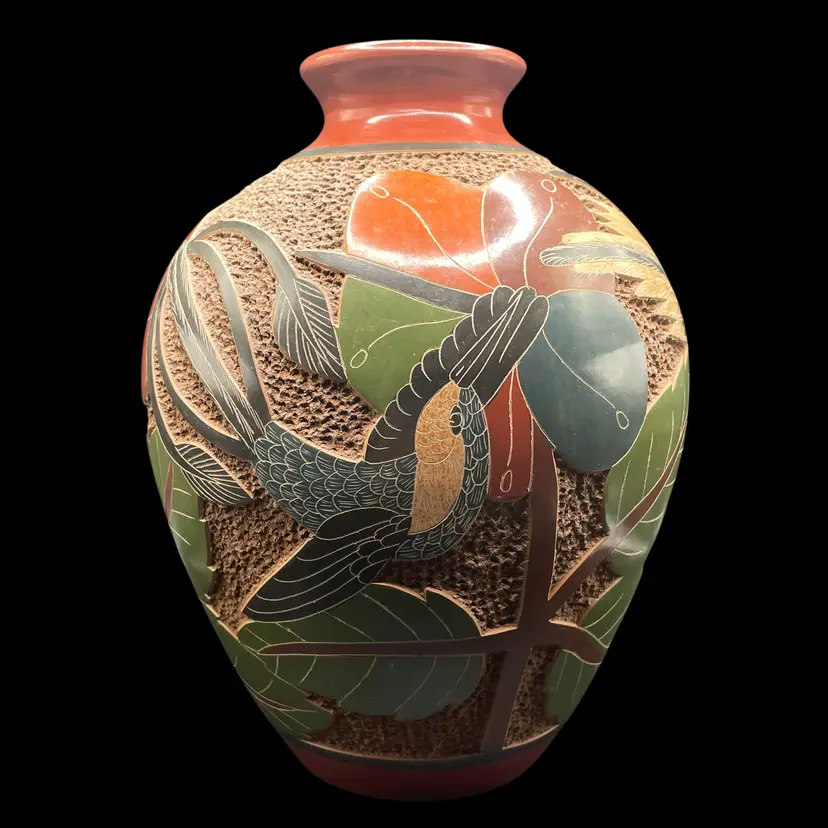 Roger Calero Signed Nicaraguan Pottery Vase Birds Flowers Hand Made 7.5” Tall