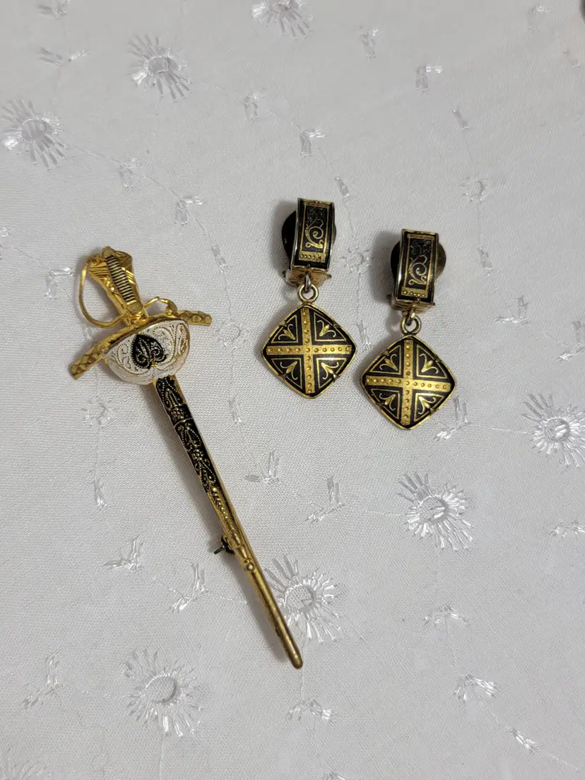 Damascene sword brooch and clip-on earrings set