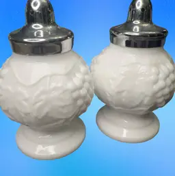 Vintage pair of Imperial Glass milk glass grape pattern salt and pepper shakers. 1950s