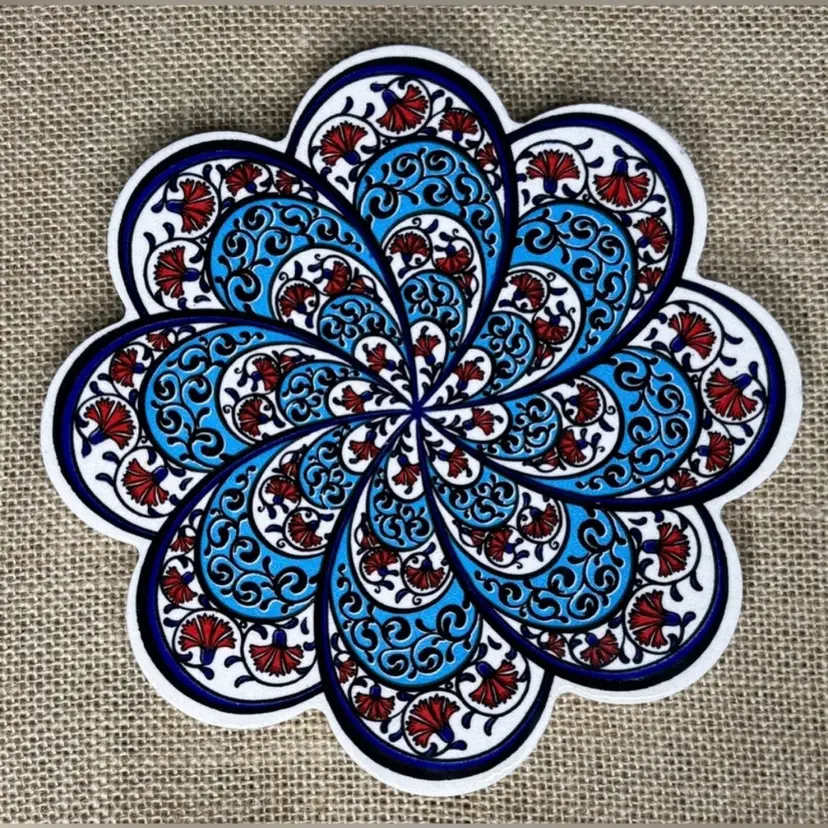 Turkish Patterned Flower Stoneware Trivet Red White Blue Folk Art Cottage Core
