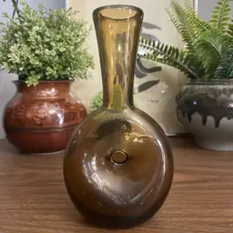 Vintage Mid-Century Modern Amber Root Beer Bischoff Glass Pinched Donut Vase MCM