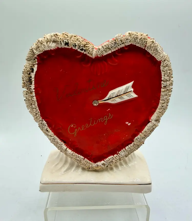 Vtg Japan Valentine Greetings Spaghetti Heart Ceramic Planter 1950’s W/sticker