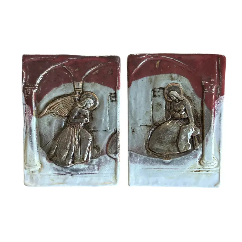 Pair of Vintage Clay Slab Glazed Angel Religious Wall Plaques - Signed