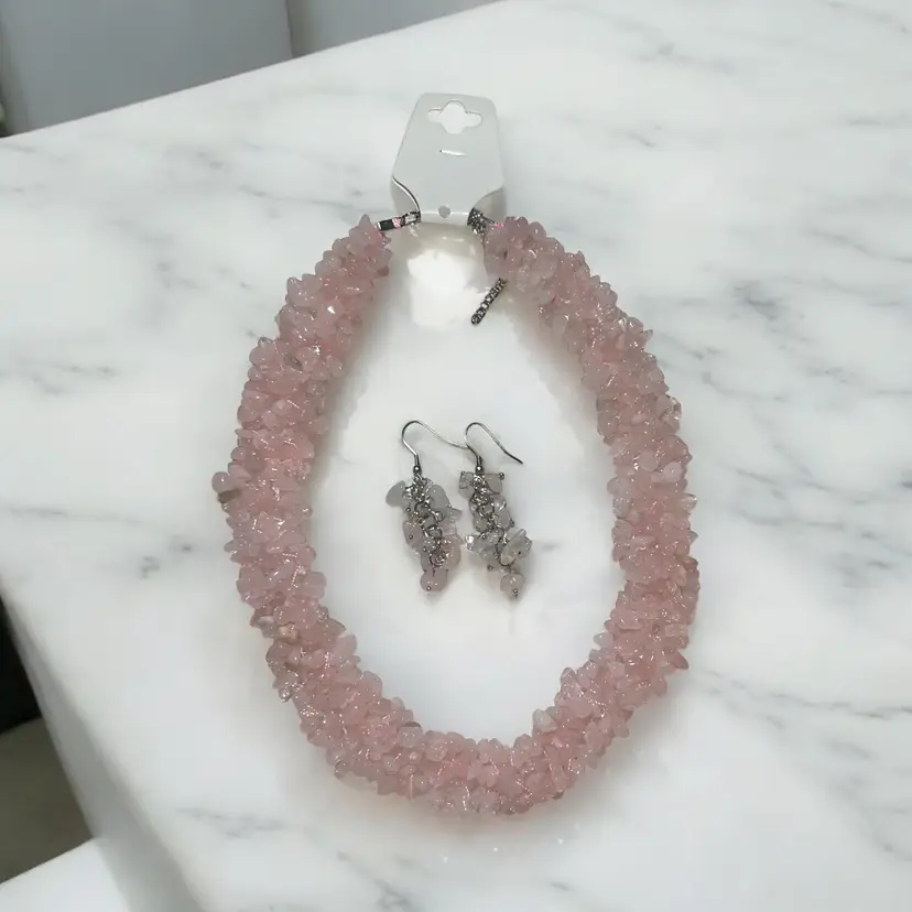 Pink Rose Quartz Chip Bead Statement Gemstone Layered Necklace 16” & Earrings