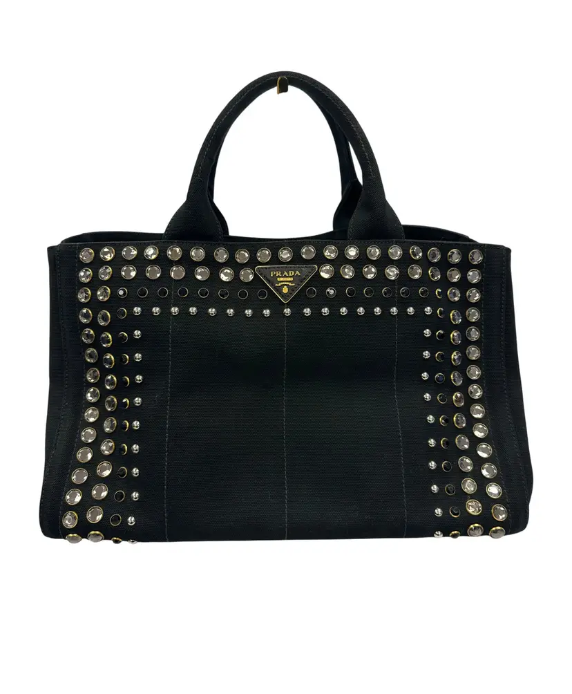 Prada Stud & Crystal Black Canvas Canapa Tote