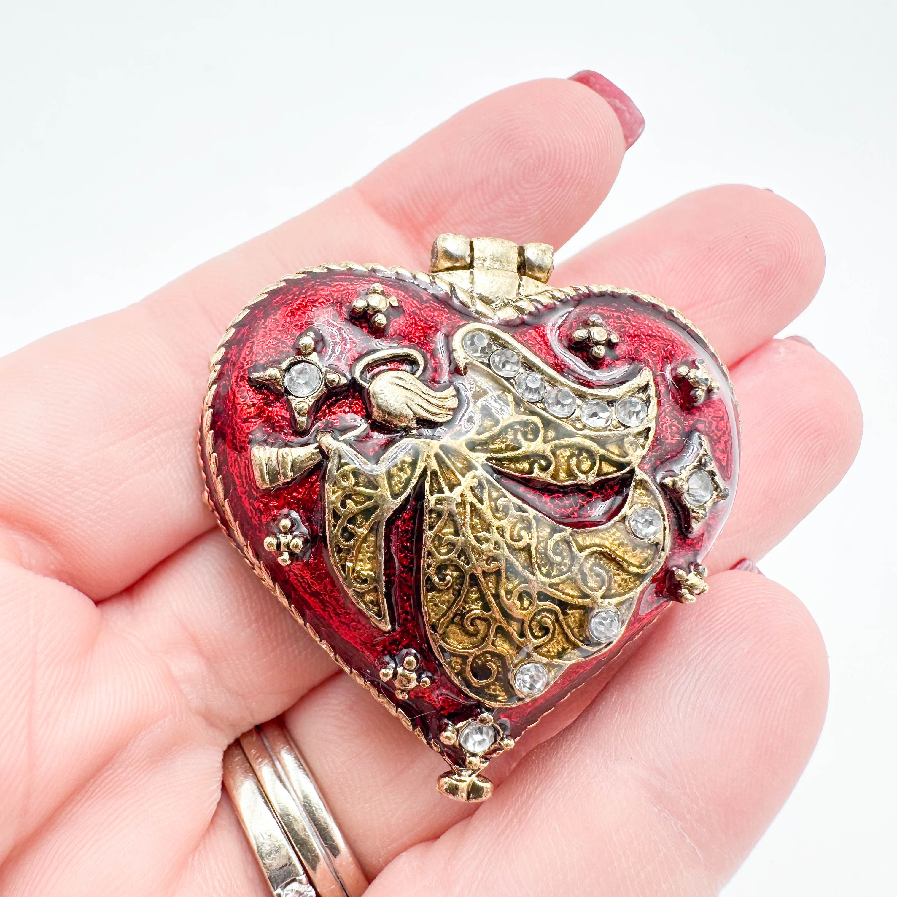 MONET ハート型 アクセサリーケース Monet Heart Angel Trinket Box Red Green Enamel Rhinestone Accent