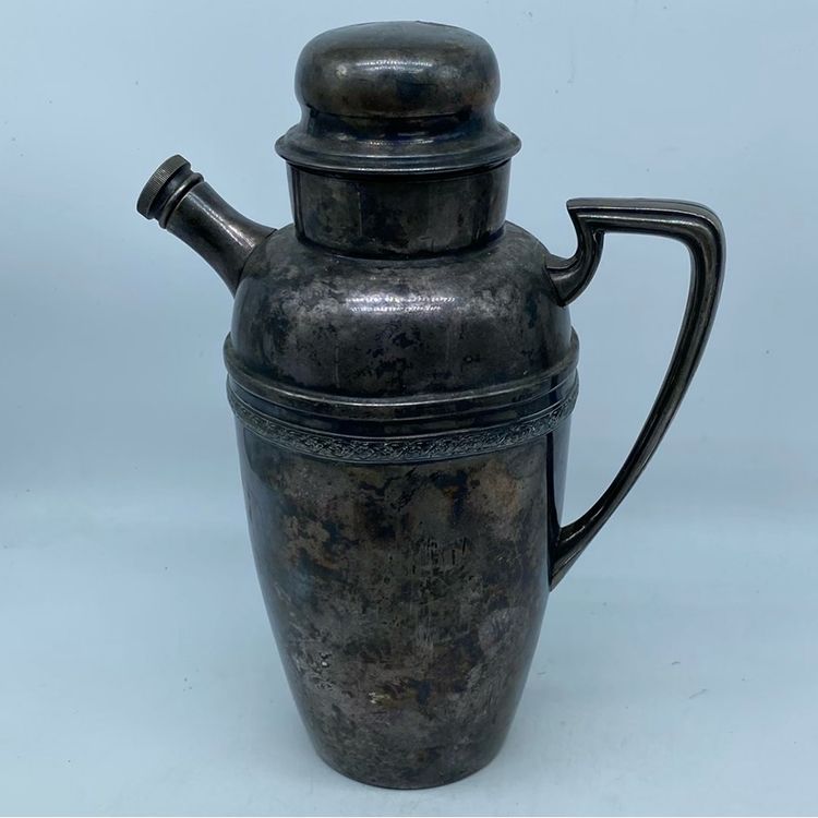#0816 Primrose Art Deco Silver Plate E.P. Copper Hiram Walker Cocktail Shaker 1940s Canada