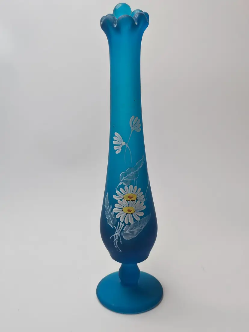 Vintage Westmoreland Blue Satin Glass Swung Bud Vase Hand Painted Daisies 9.75”