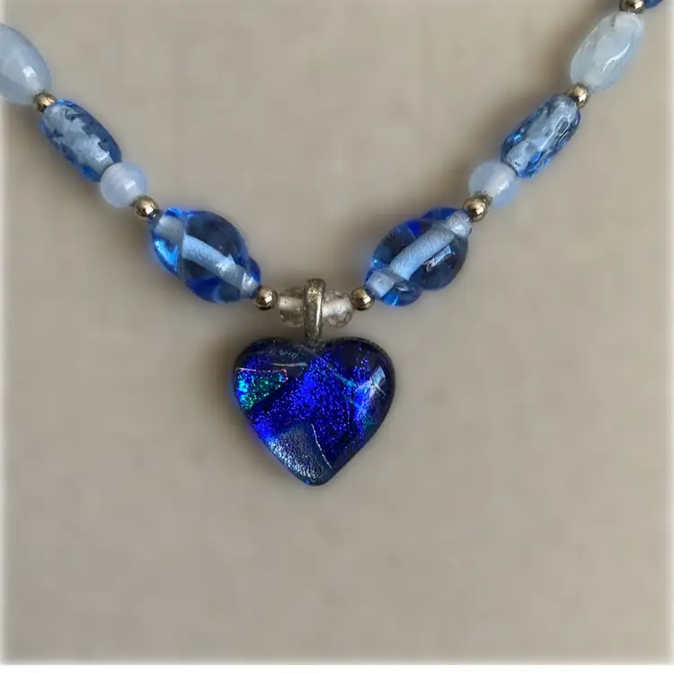 Vintage Blue Art Glass Beaded Necklace with a Dichroic Glass Heart Pendant