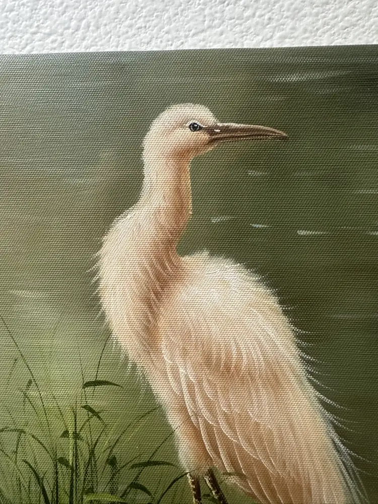 Original Oil On Canvas Egret Soft Pink Coral in Marsh Painting Signed Unframed