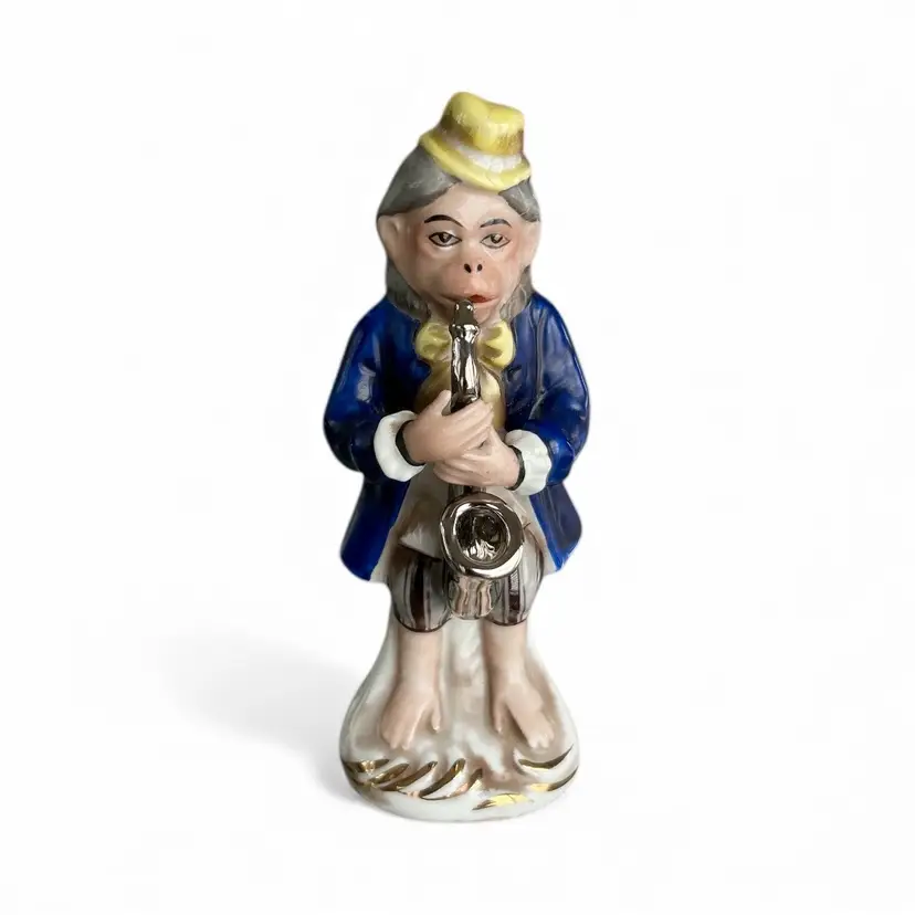 Rare Meissen Style Band Monkey Playing Silver Saxophone Figurine West Germany