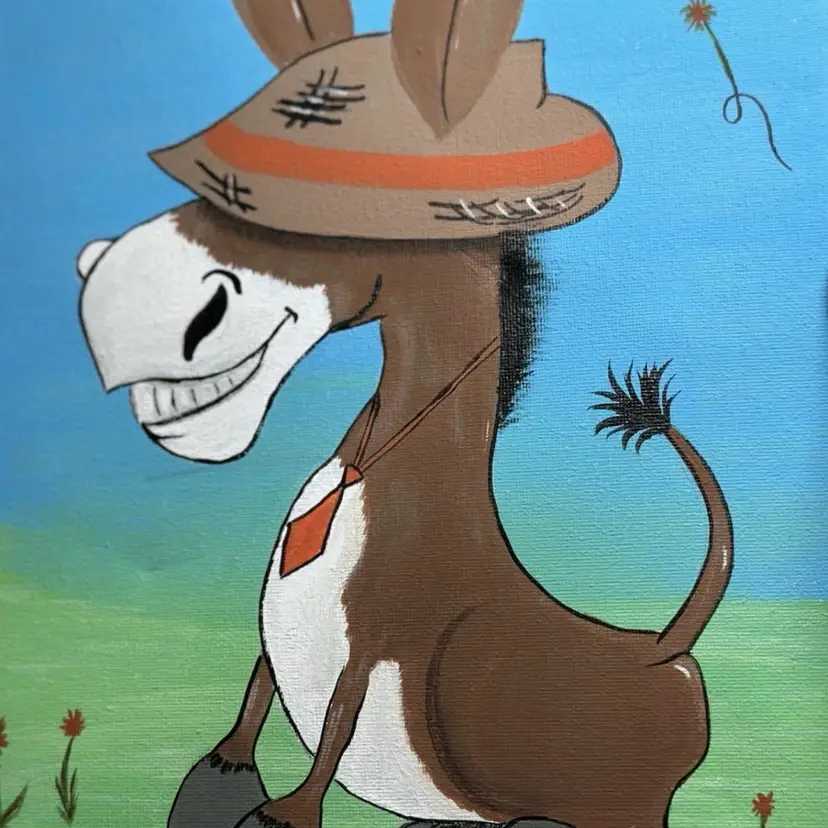 Original Acrylic Whimsical Cartoon Painting On Canvas Happy Donkey Signed