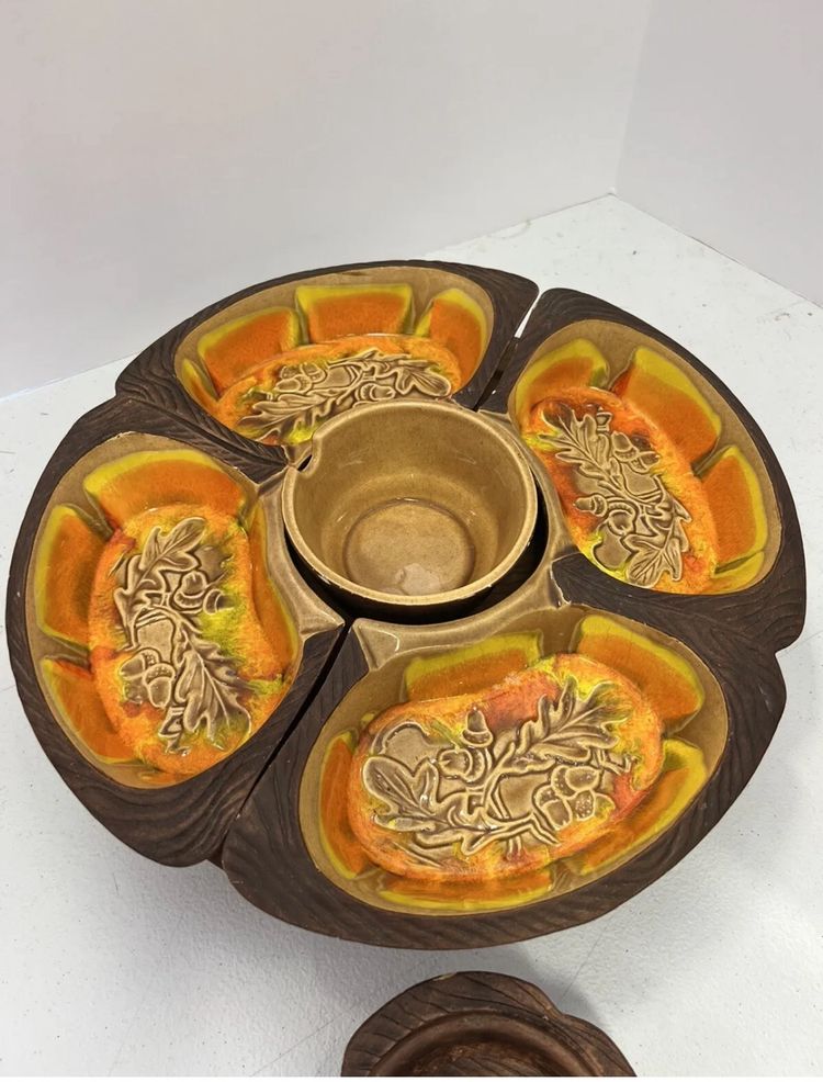 MCM Calf Pottery Lazy Susan 734 Orange Drip Glaze Acorns Fall Chip & Dip Veggies