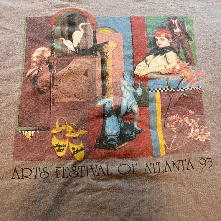 Vintage 1995 Arts Festival of Atlanta T-Shirt Belton Tag Single Stitch Graphic Tee Made in USA Brown L Art Gallery Surreal Design