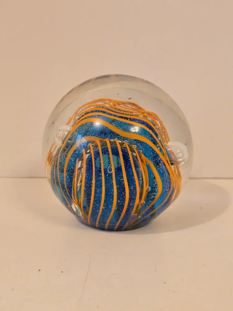 Blue and Orange Art Glass Paperweight Controlled Bubbles Unsigned