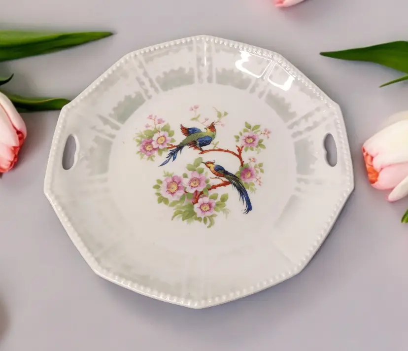 Vintage Germany Bird of Paradise Porcelain Plate Lusterware Dual Handles 9.75 in