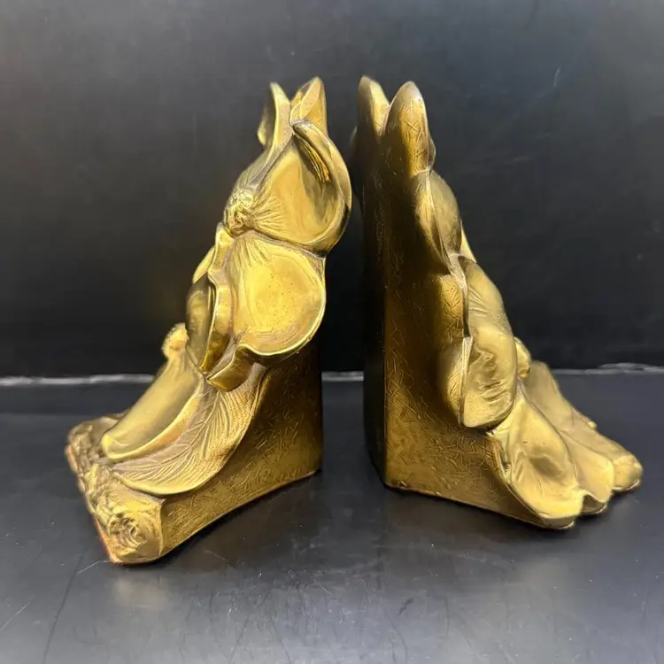 MCM PM Pennsylvania Metal Crafters Solid Brass Dogwood Bookends Made In USA 5.25”