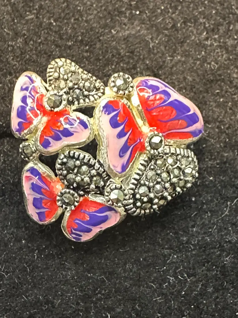 Southwestern Sterling 925 Large Enamel Butterflies & Marcasite Stones Sz 7