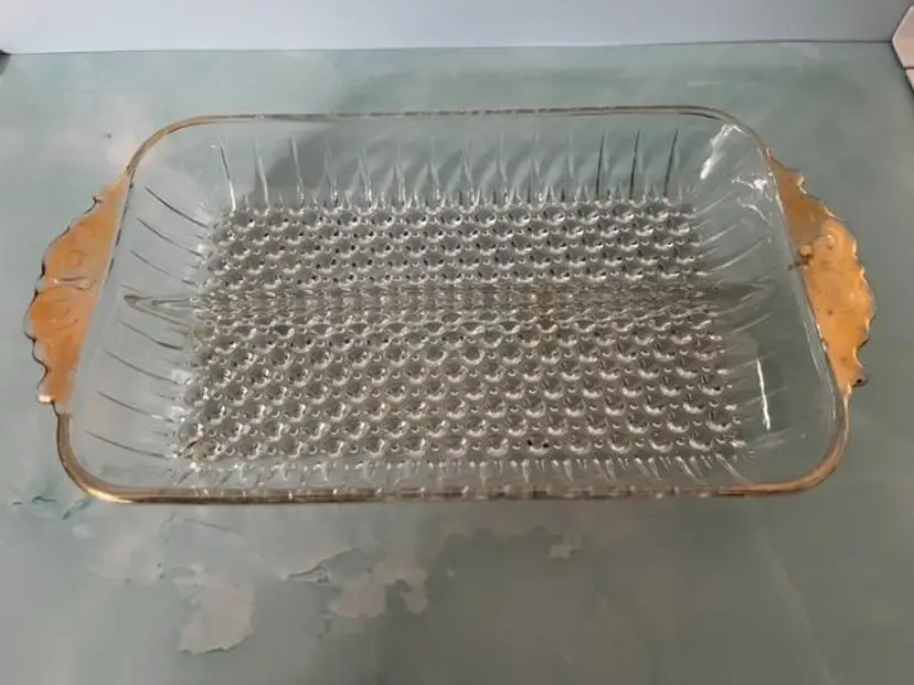 Jeannette MCM Clear Hobnail Vintage Glass Divided Relish Tray Dish With Gold Edge Handles