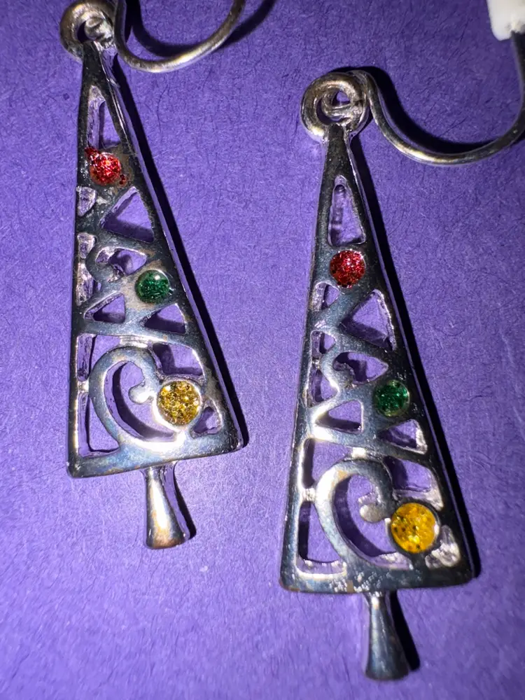 Vintage Christmas Tree Pierced Earrings - 1.25” Dangle — Silver Tone With Colored Dots