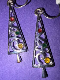 Vintage Christmas Tree Pierced Earrings - 1.25” Dangle — Silver Tone With Colored Dots